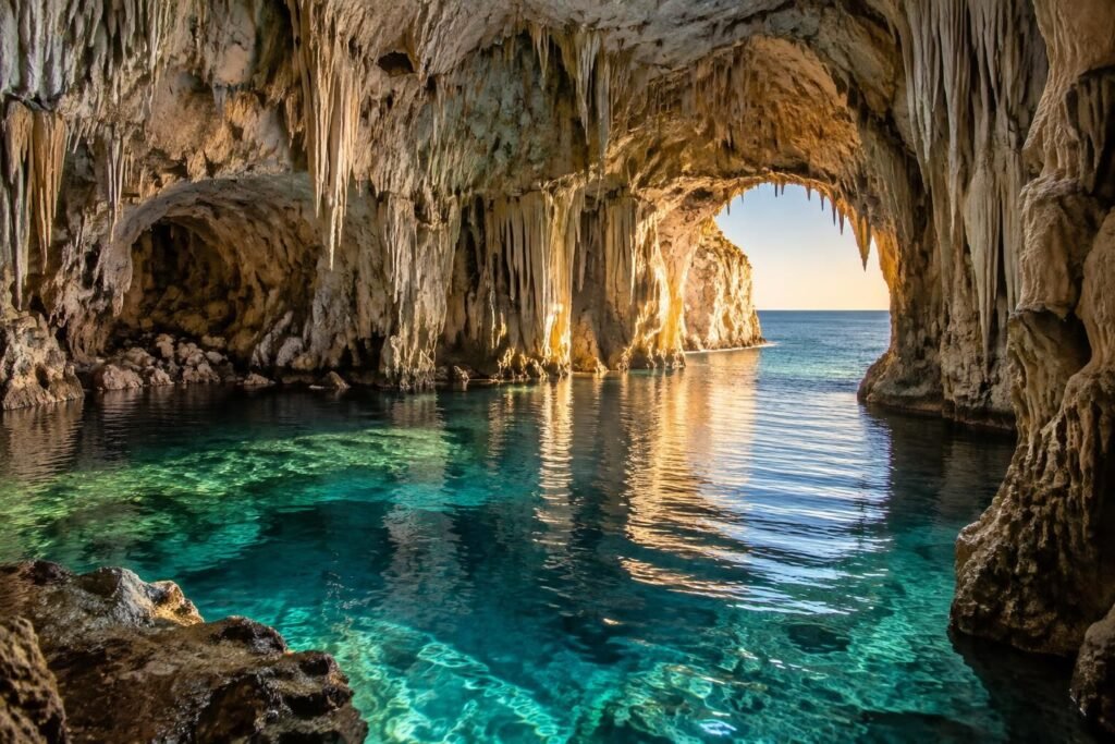 explorez les grottes de neptune en sardaigne, près d’alghero : un site spectaculaire de stalactites, de lacs souterrains et de falaises.