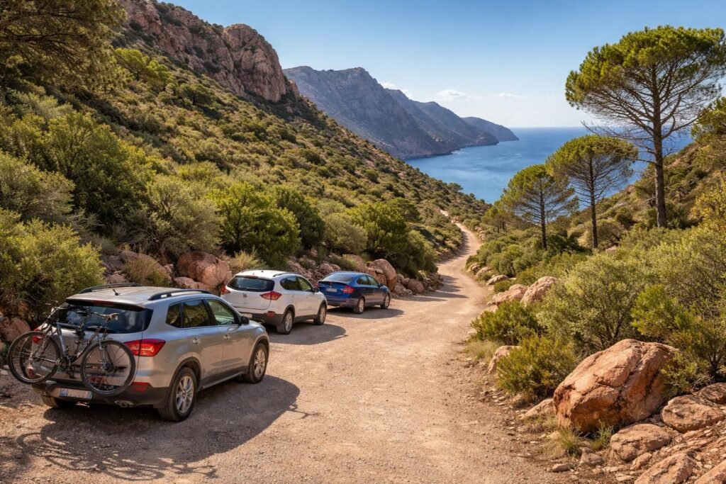 découvrez le parking de capo rosso, point de départ idéal pour une randonnée inoubliable en corse, entre paysages sauvages et vues panoramiques sur la mer méditerranée.