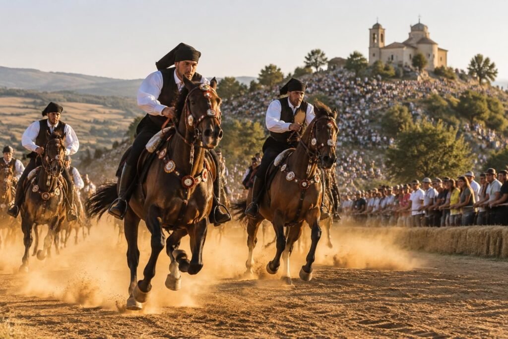 à sedilo, en sardaigne, l’ardia fait vibrer la tradition et l’audace au rythme d’une spectaculaire course équestre en hommage à saint constantin.